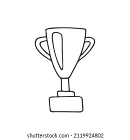 Hand drawn trophy Cup for winner. In doodle style, black outline isolated on white background. Cute element for card, social media banner, sticker, decoration kids playroom. Vector illustration.
