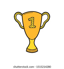 Hand drawn trophy isolated on a white. Color sketch of gold cup. Vector illustration.