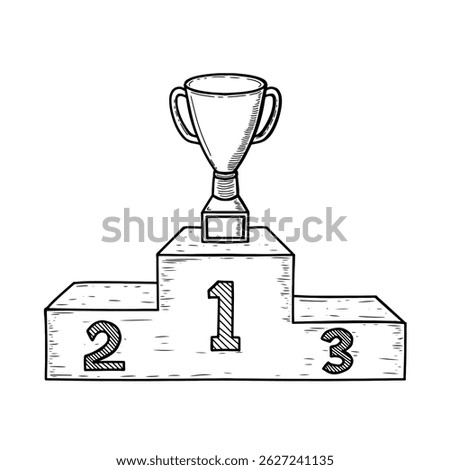Hand drawn trophy on podium vector illustration. Doodle hand drawn sketch style winner's stand graphic
