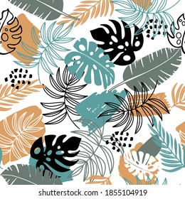 Hand drawn tropic flat pattern. Palm leaves background.  for textile,  fashion wear, wrapping paper. Abstract decorative flat vector illustration