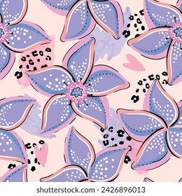 Hand drawn tropic flower pattern. summer background.  for textile,  fashion wear, wrapping paper. Abstract decorative flat vector illustration