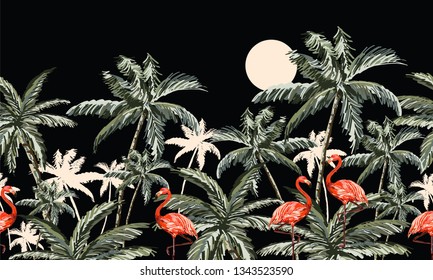Hand drawn tropic night  vintage botanical landscape, coconut  palm trees, tropic plants, full moon, flamingos. Floral seamless pattern on black  background. Exotic green jungle cheetah wallpaper. 