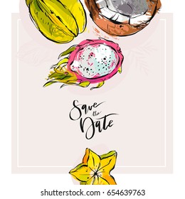 Hand drawn tropic vector abstract Save the date card template with collection of exotic fruits pitaya,carambola and coconut in bright colors isolated on white background.