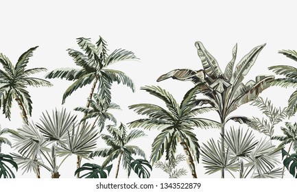 Hand drawn tropic  vintage botanical landscape, coconut  palm trees, banana trees, monstera, tropic plants. Floral seamless pattern on black  background. Exotic green jungle cheetah wallpaper. 