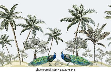 Hand drawn tropic vintage botanical landscape, peacocks, coconut palm trees, banana trees, monstera, tropic plants. Floral seamless pattern on black background. Exotic green jungle cheetah wallpaper