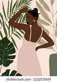 Hand drawn tropical background with abstract woman