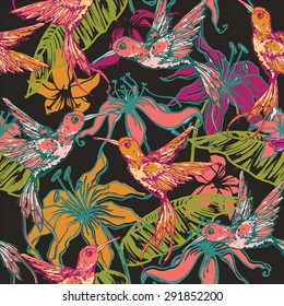 Hand drawn tropical background with colibri and flowers. Seamless pattern.