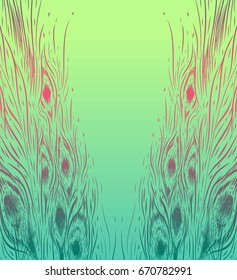 Hand drawn tropical background with feathers of peacock. Green backdrop. Vector abstract illustration. Texture pattern. Design invitation card