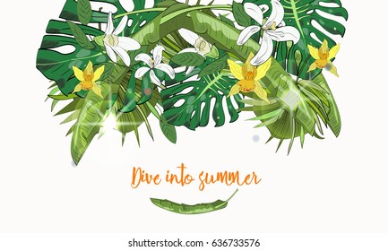 Hand drawn tropical background with tropical leaves, flowers on white background. Dive into summer.