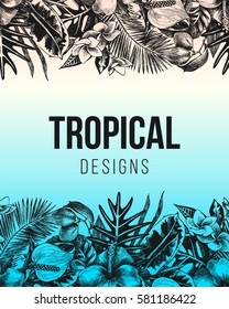 hand drawn tropical background with plants and flowers