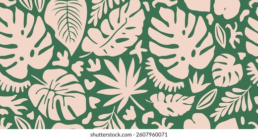 Hand drawn tropical background. Tropic leaves seamless pattern, foliage summer element, green style, natural print for textile, fabric, wallpaper, wall art, backdrop. Vector illustrations.