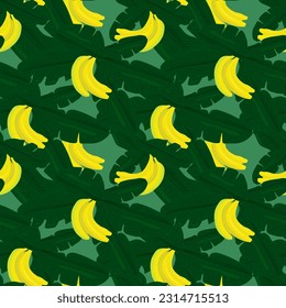 Hand drawn tropical banana leaves and bananas on white background. Seamless vector pattern. Print for textile, fabric, wallpaper or wrapping paper.
