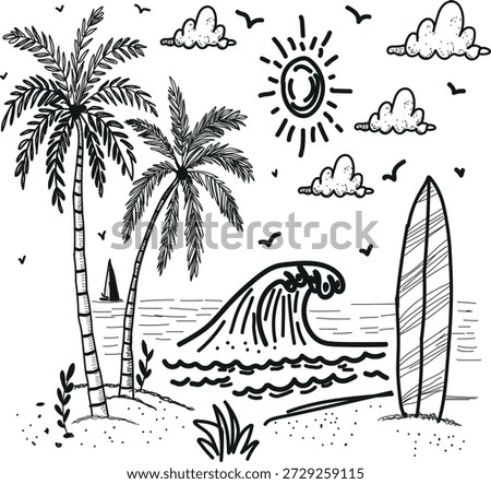 Hand Drawn Tropical Beach Surf Illustration with Palm Trees and Ocean Waves in Black Line Art