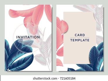 Hand drawn Tropical blue, pink and white guava leaves on branch, invitation card template design