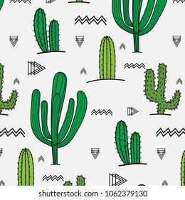 Hand Drawn Tropical Cactus Pattern. Vector Illustration Background.