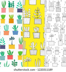 Hand Drawn Tropical Cactus Pattern set. Vector Illustration Background.