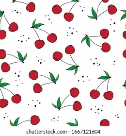 Hand drawn tropical cherry fruit seamless pattern. Vector illustration.