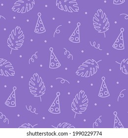 Patrón de doodle tropical dibujado a mano para una fiesta. Unas ilustraciones bonitas de las hojas de monstera aisladas en violeta.