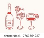 Hand drawn tropical drink set with wine bottle and citrus cocktails in minimal line art style.