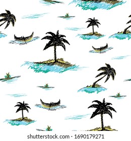 Hand drawn tropical elements seamless pattern. Palm tree background. sea and boats doodle illustration. Vector illustration. Seamless pattern.