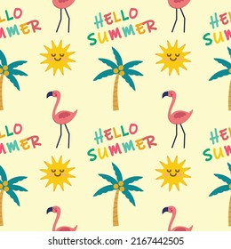 Patrón sin fisuras de elementos tropicales dibujados a mano. Fondo tropical. Ilustración del doodle Flamingo. Ilustración vectorial. Patrón sin foco con palmeras de dibujos animados, gafas de sol y flamingo.