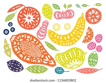 Hand drawn tropical and exotic fruits isolated on white background in unique trendy organic cutout linocut style. Vector illustration for menu design, packaging, cooking book.