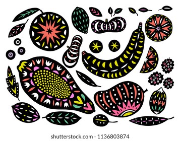 Hand drawn tropical and exotic fruits isolated on white background in unique trendy organic cutout linocut style. Vector illustration for menu design, packaging, cooking book.