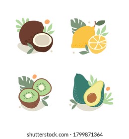 Hand drawn tropical and exotic fruits isolated on white background in unique trendy organic style. Vector illustration for menu design, packaging, cooking book. 