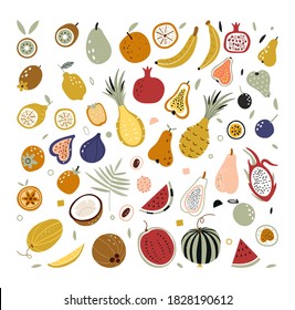 Hand drawn tropical and exotic fruits isolated on white background in unique trendy organic style. Doodle fruits. Natural tropical fruit. Vector illustrations of autumn objects: fruits and vegetables.