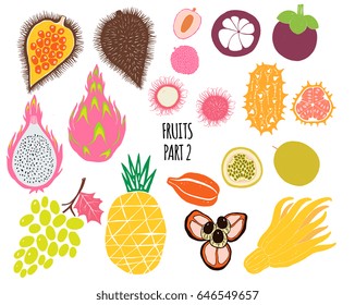 Hand drawn tropical and exotic  fruits isolated on white background in unique trendy organic style. Vector illustration for menu design, packaging, cooking book. 