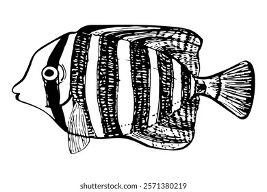 Hand drawn tropical fish in outline engraving style isolated on white background. Design for summer beach, tattoo, card, print, t-shirt, postcard, poster, invitations, greeting cards.