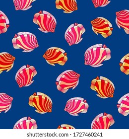 Hand drawn tropical fishes with red, yellow, pink and orange elements on blue background. Seamless bright underwater pattern. Suitable for children's textile, wallpaper.