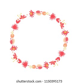 Hand drawn tropical flower composition, botanical circle wreath, duotone style. Vector illustration isolated on white background. Floral jungle paradise, exotic plant leaf border