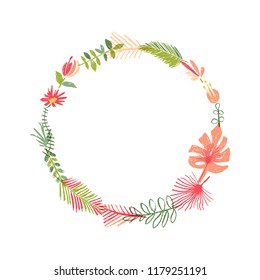 Hand drawn tropical flower composition, tropic wreath. Vector illustration isolated on white background. Floral paradise, exotic plant leaf border
