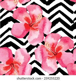 Hand drawn tropical flower hibiscus watercolor seamless pattern, black and white zigzag background floral fashion painting