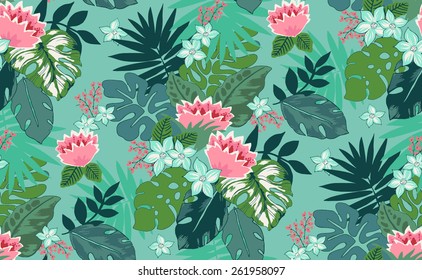 Hand drawn tropical flower, seamless pattern background.