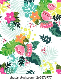 Hand drawn tropical flower, seamless pattern background.