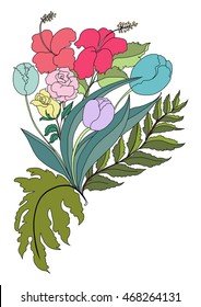 Hand drawn tropical flower,Roses, hibiscus, tulips