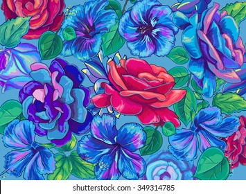 hand drawn tropical flowers, bright floral jungle background