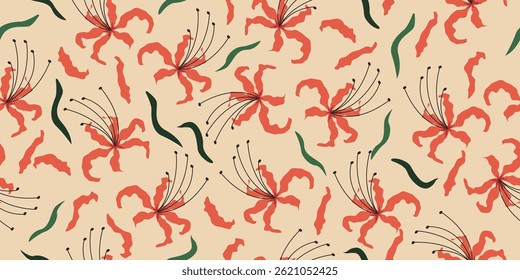 Padrão de flores tropicais desenhadas à mão. Moda de verão havaiana para tecido, têxtil, vestuário, cartaz, capa, decoração, banner, papel de parede, interior. Ilustração vetorial.