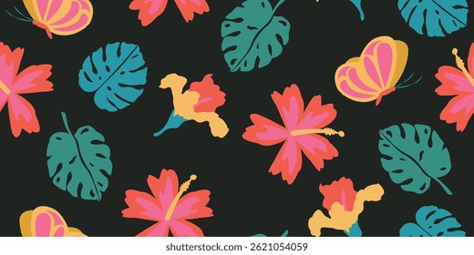 Dibujado a mano patrón de flores tropicales. Moda de verano hawaiana para tela, textil, ropa, cartel, cubierta, decoración, Anuncio, Fondo de pantalla, interior. Ilustración vectorial.
