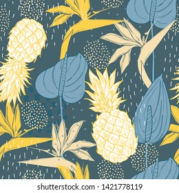 Hand  drawn tropical flowers and pineapples.  Vector seamless pattern