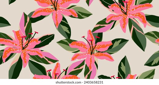 Flores tropicales dibujadas a mano, estampados sin costura con motivos florales para tela, textiles, prendas de vestir, papel de envoltura, cubierta, pancarta, decoración interior, fondo abstracto. ilustración vectorial.