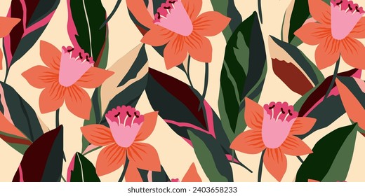 Hand drawn tropical flowers, seamless patterns with floral for fabric, textiles, clothing, wrapping paper, cover, banner, interior decor, abstract backgrounds. vector illustration.