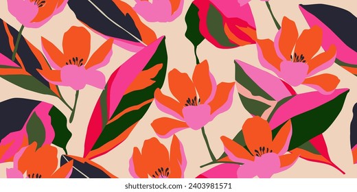 Hand drawn tropical flowers, seamless patterns with floral for fabric, textiles, clothing, wrapping paper, cover, banner, interior decor, abstract backgrounds. vector illustration.