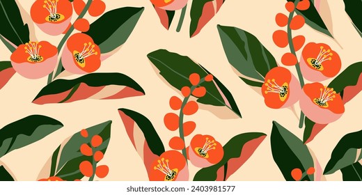 Hand drawn tropical flowers, seamless patterns with floral for fabric, textiles, clothing, wrapping paper, cover, banner, interior decor, abstract backgrounds. vector illustration.