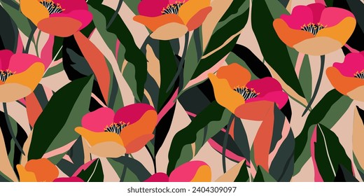 Hand drawn tropical flowers, seamless patterns with floral for fabric, textiles, clothing, wrapping paper, cover, banner, interior decor, abstract backgrounds. vector illustration.