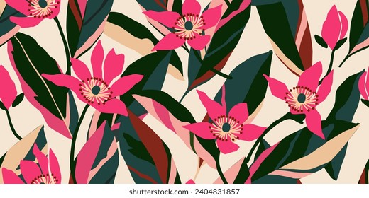 Hand drawn tropical flowers, seamless patterns with floral for fabric, textiles, clothing, wrapping paper, cover, banner, interior decor, abstract backgrounds. vector illustration.