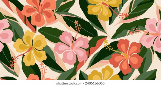 Hand drawn tropical flowers, seamless patterns with floral for fabric, textiles, clothing, wrapping paper, cover, banner, interior decor, abstract backgrounds. vector illustration.