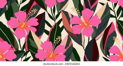 Hand drawn tropical flowers, seamless patterns with floral for fabric, textiles, clothing, wrapping paper, cover, banner, interior decor, abstract backgrounds. vector illustration.